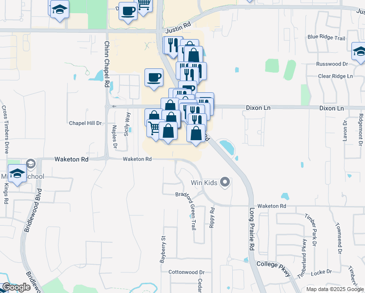 map of restaurants, bars, coffee shops, grocery stores, and more near 5751 Long Prairie Road in Flower Mound