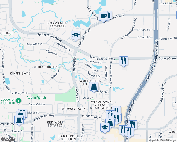map of restaurants, bars, coffee shops, grocery stores, and more near 6216 Palomino Drive in Plano