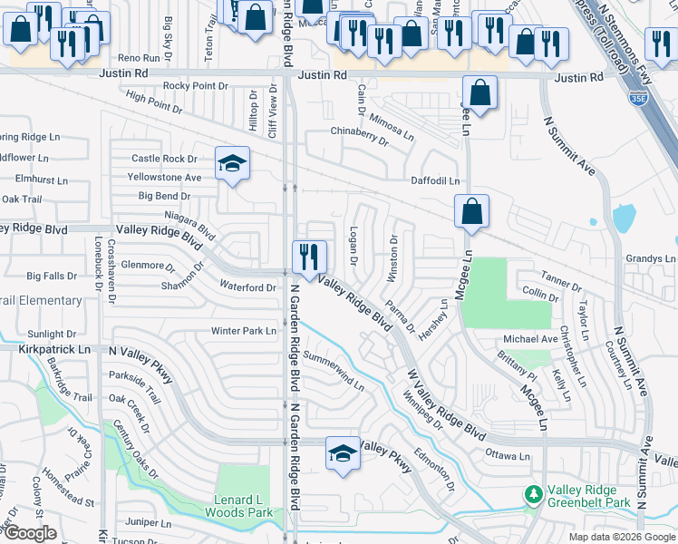 map of restaurants, bars, coffee shops, grocery stores, and more near 1532 Barksdale Drive in Lewisville