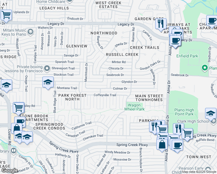 map of restaurants, bars, coffee shops, grocery stores, and more near 1400 Colmar Drive in Plano