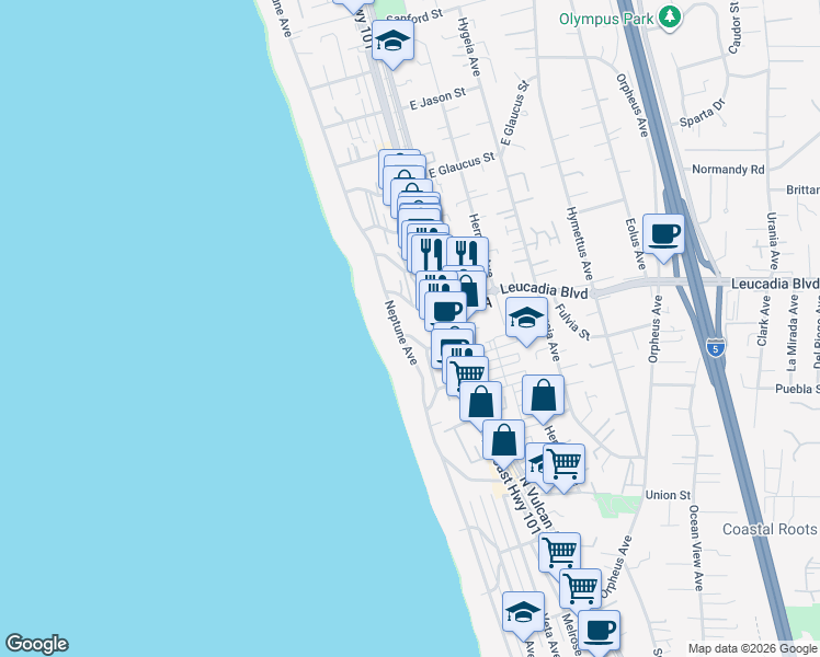 map of restaurants, bars, coffee shops, grocery stores, and more near 150 Europa Street in Encinitas