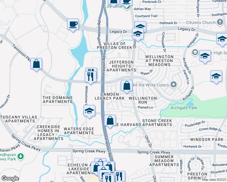 map of restaurants, bars, coffee shops, grocery stores, and more near 6600 Preston Road in Plano