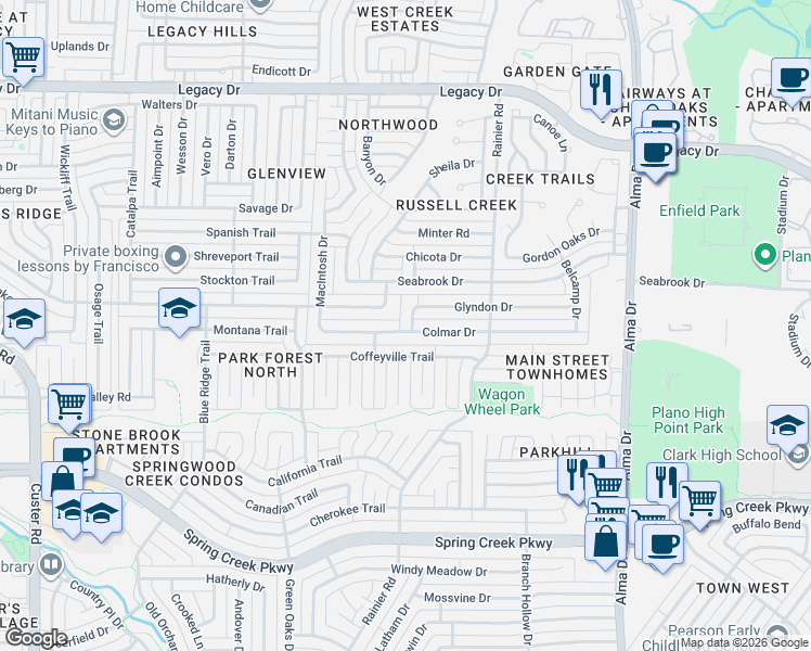 map of restaurants, bars, coffee shops, grocery stores, and more near 1400 Colmar Drive in Plano