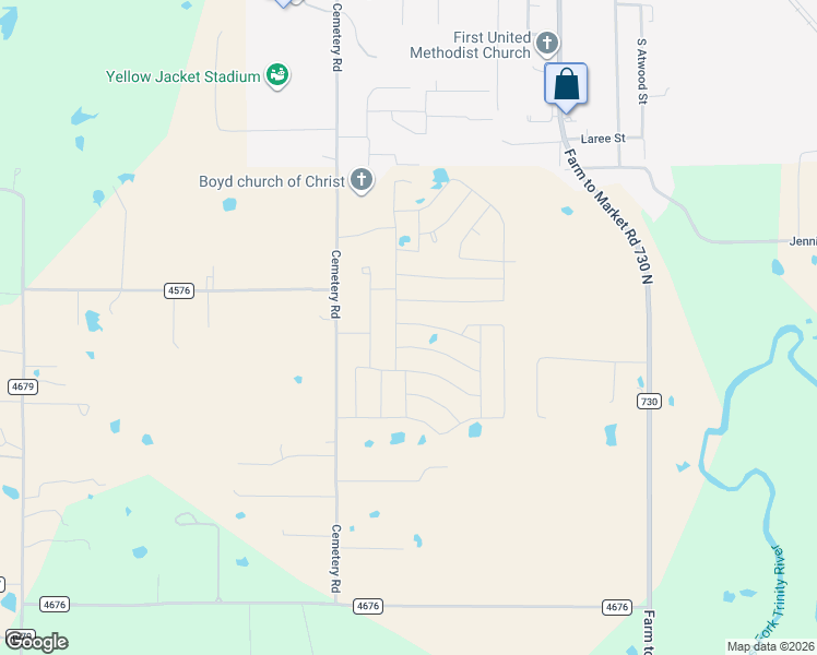 map of restaurants, bars, coffee shops, grocery stores, and more near 136 Running River Drive in Boyd
