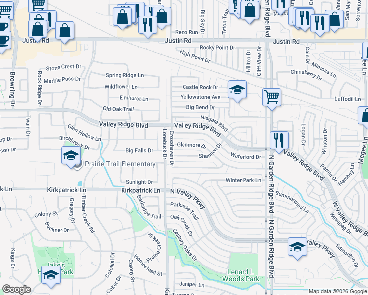 map of restaurants, bars, coffee shops, grocery stores, and more near 1662 Shannon Drive in Lewisville