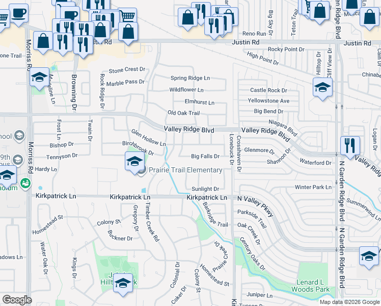 map of restaurants, bars, coffee shops, grocery stores, and more near 1409 Big Falls Drive in Flower Mound