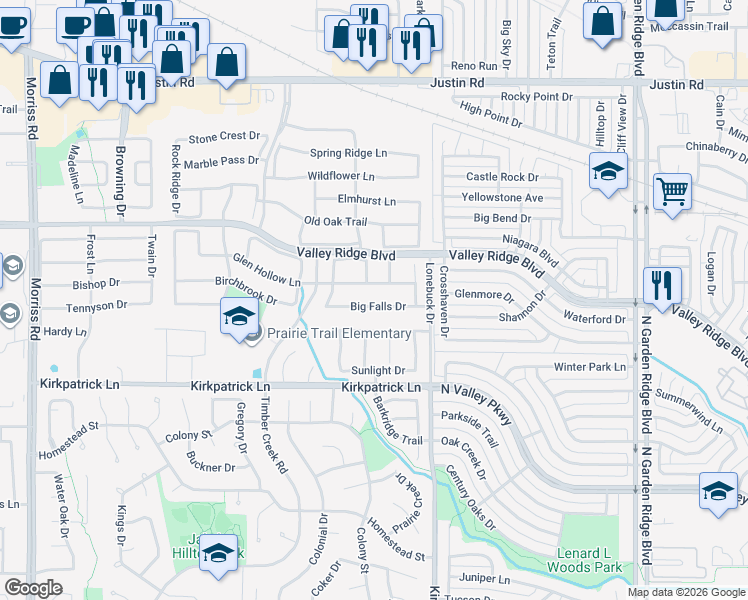 map of restaurants, bars, coffee shops, grocery stores, and more near 1309 Big Falls Drive in Flower Mound