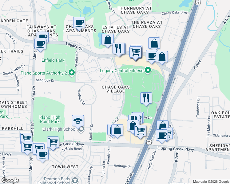 map of restaurants, bars, coffee shops, grocery stores, and more near 6517 Rutherford Road in Plano