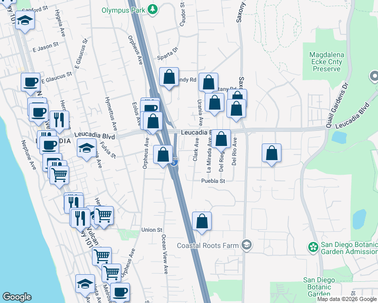 map of restaurants, bars, coffee shops, grocery stores, and more near 777 Clark Avenue in Encinitas