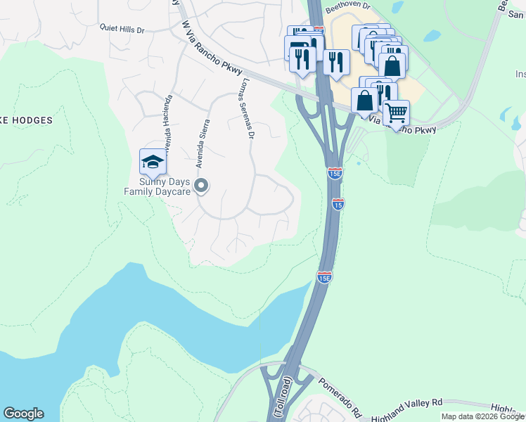 map of restaurants, bars, coffee shops, grocery stores, and more near 3565 Avenida Amorosa in Escondido