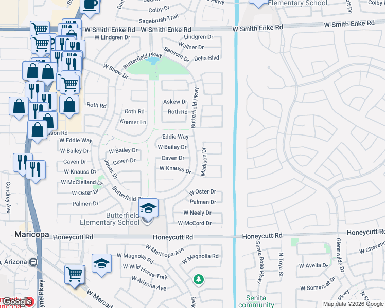 map of restaurants, bars, coffee shops, grocery stores, and more near 20178 North Madison Drive in Maricopa