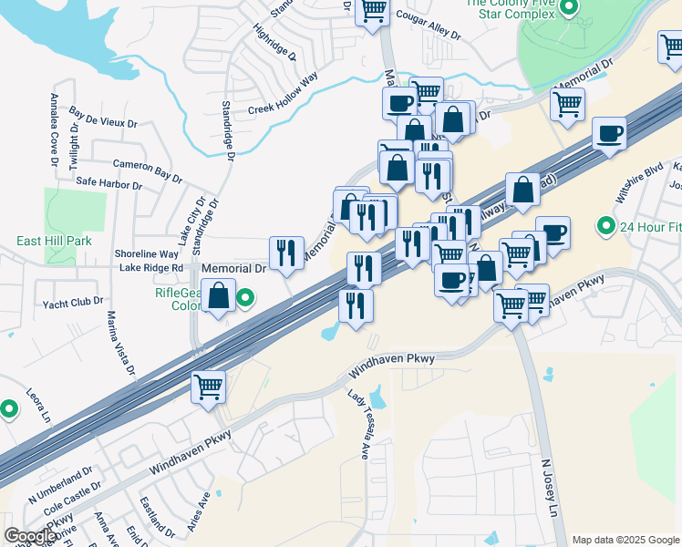 map of restaurants, bars, coffee shops, grocery stores, and more near 4700 Highway 121 in Sanger