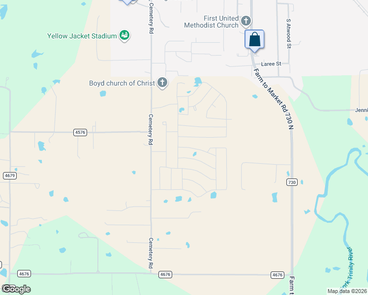 map of restaurants, bars, coffee shops, grocery stores, and more near 136 Running River Drive in Boyd