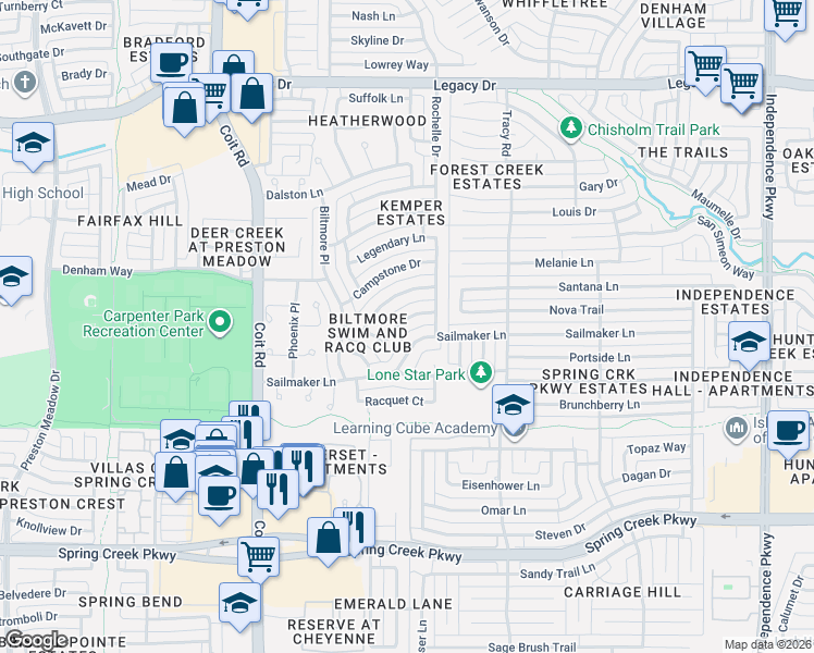 map of restaurants, bars, coffee shops, grocery stores, and more near 3632 Worthington Way in Plano