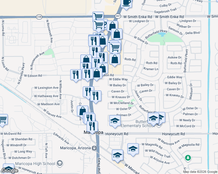 map of restaurants, bars, coffee shops, grocery stores, and more near 44453 Caven Drive in Maricopa