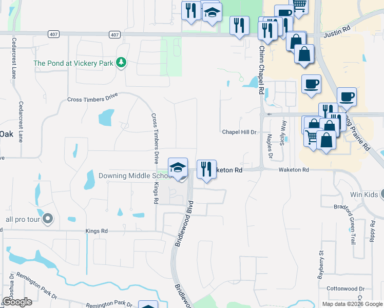 map of restaurants, bars, coffee shops, grocery stores, and more near 320 Meadow Knoll Drive in Double Oak
