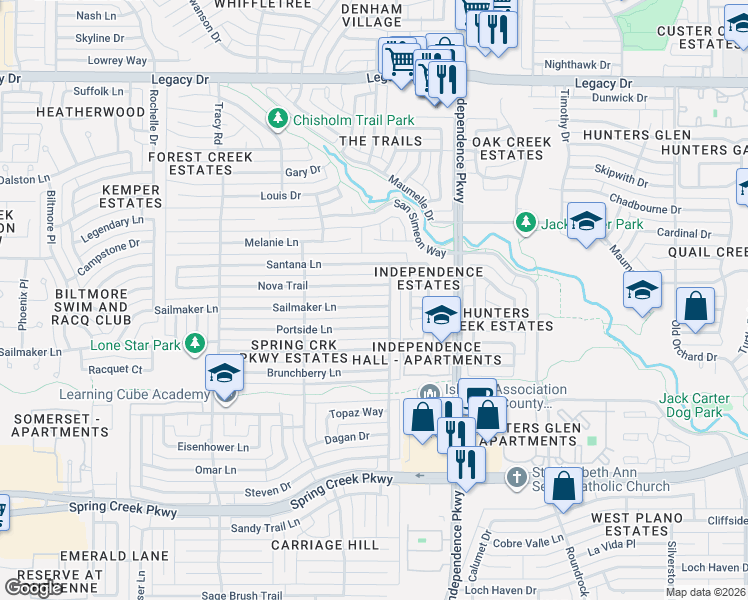 map of restaurants, bars, coffee shops, grocery stores, and more near 3217 Portside Lane in Plano