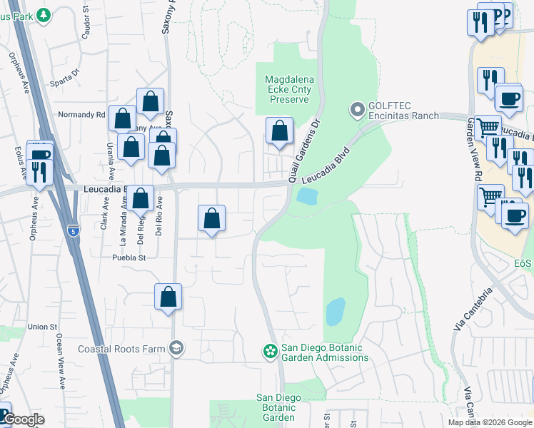 map of restaurants, bars, coffee shops, grocery stores, and more near 1109 Hampton Court in Encinitas