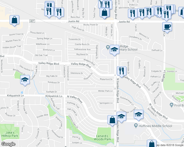 map of restaurants, bars, coffee shops, grocery stores, and more near 1599 Waterford Drive in Lewisville