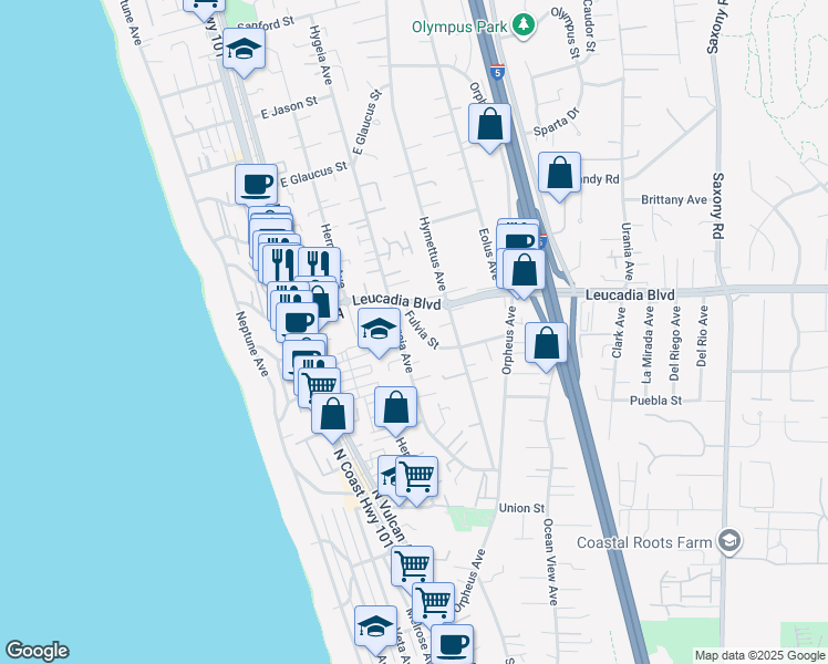 map of restaurants, bars, coffee shops, grocery stores, and more near 858 Hymettus Avenue in Encinitas