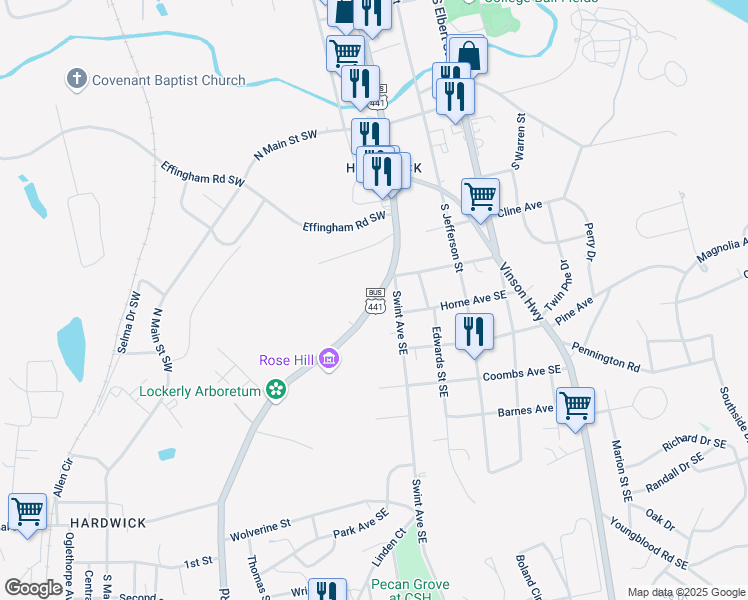 map of restaurants, bars, coffee shops, grocery stores, and more near 1250 Irwinton Rd in Milledgeville