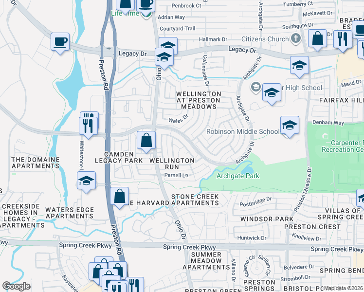 map of restaurants, bars, coffee shops, grocery stores, and more near 6801 Colonnade Drive in Plano