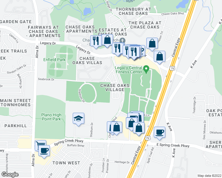 map of restaurants, bars, coffee shops, grocery stores, and more near 6565 Rutherford Road in Plano