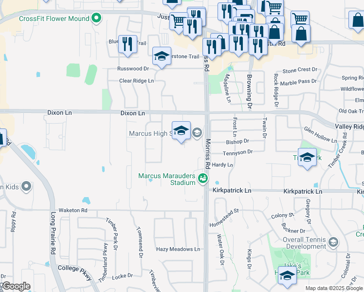 map of restaurants, bars, coffee shops, grocery stores, and more near 5707 Morriss Road in Flower Mound