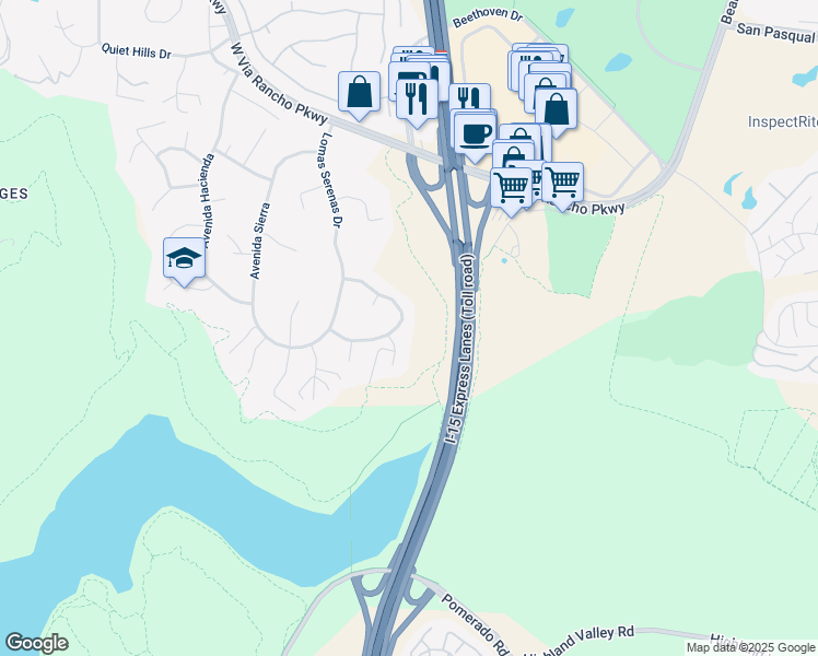 map of restaurants, bars, coffee shops, grocery stores, and more near 3542 Avenida Amorosa in Escondido