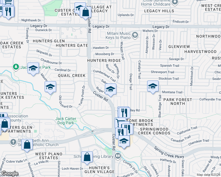 map of restaurants, bars, coffee shops, grocery stores, and more near 2037 Sako Drive in Plano