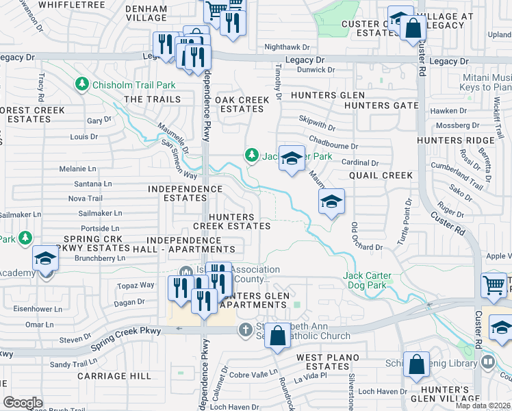 map of restaurants, bars, coffee shops, grocery stores, and more near 2900 San Simeon Way in Plano