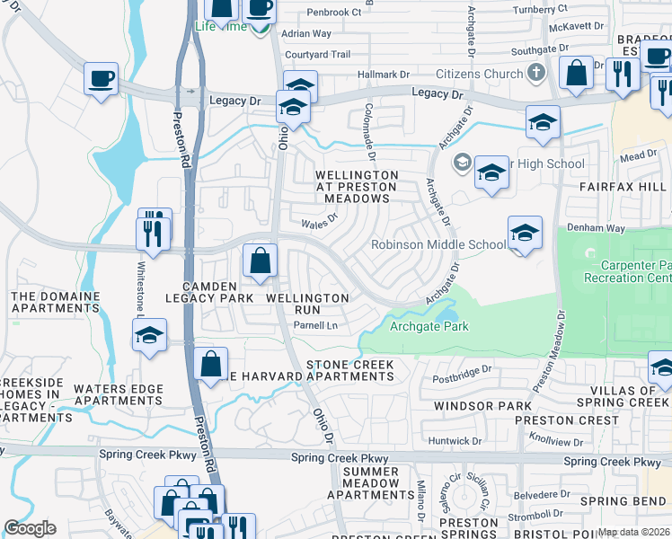map of restaurants, bars, coffee shops, grocery stores, and more near 6801 Colonnade Drive in Plano