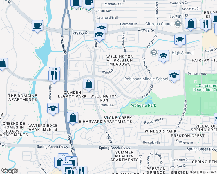 map of restaurants, bars, coffee shops, grocery stores, and more near 6745 Misty Hollow Drive in Plano