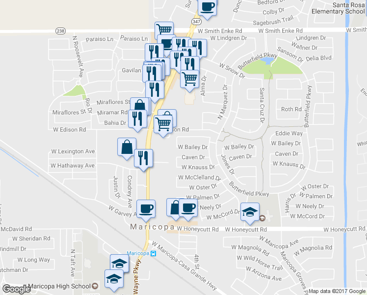 map of restaurants, bars, coffee shops, grocery stores, and more near 44439 West Bailey Drive in Maricopa