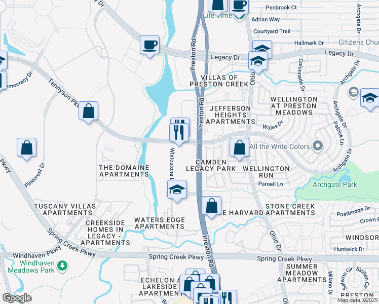 map of restaurants, bars, coffee shops, grocery stores, and more near 6761 Preston Road in Plano