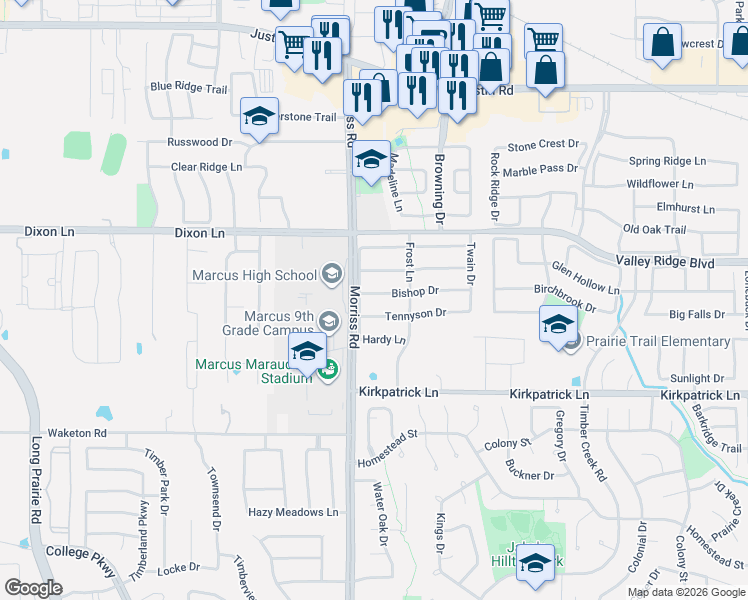 map of restaurants, bars, coffee shops, grocery stores, and more near 2120 Bishop Drive in Flower Mound