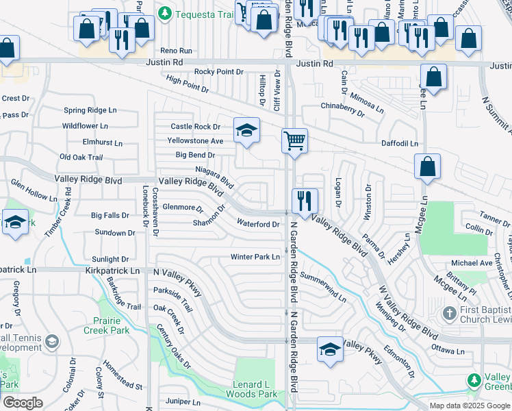 map of restaurants, bars, coffee shops, grocery stores, and more near 1508 Niagara Boulevard in Lewisville