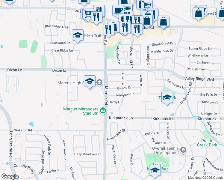 map of restaurants, bars, coffee shops, grocery stores, and more near 2125 Bishop Drive in Flower Mound