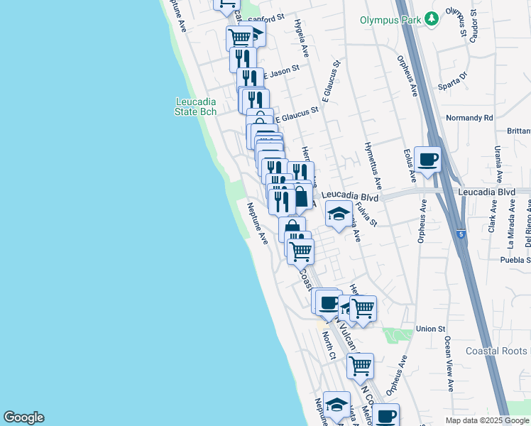 map of restaurants, bars, coffee shops, grocery stores, and more near 153 West Leucadia Boulevard in Encinitas