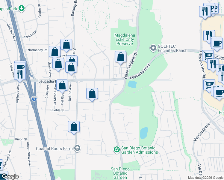 map of restaurants, bars, coffee shops, grocery stores, and more near 1074 Alexandra Lane in Encinitas