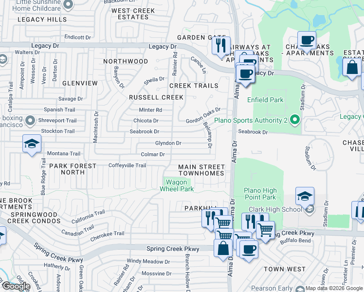 map of restaurants, bars, coffee shops, grocery stores, and more near 1209 Glyndon Drive in Plano