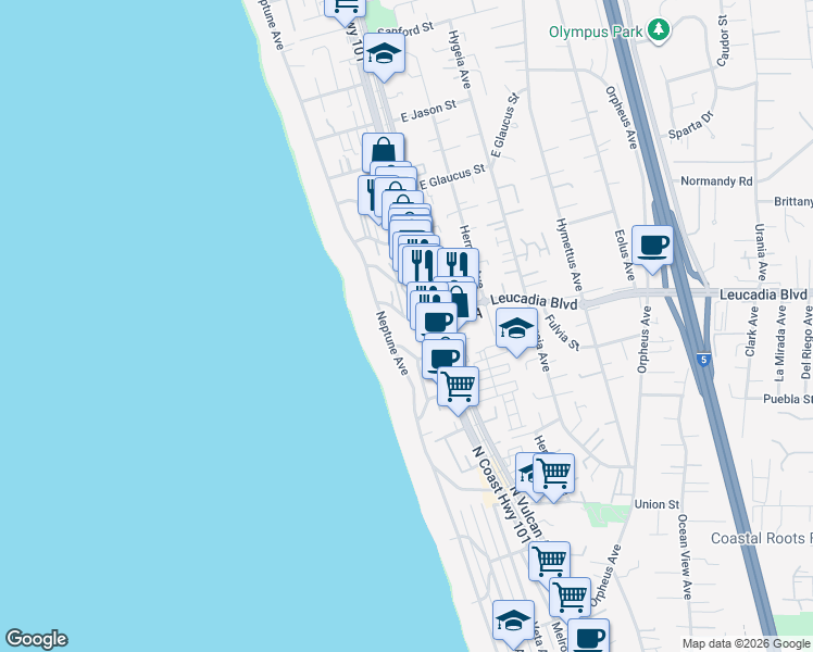 map of restaurants, bars, coffee shops, grocery stores, and more near 141 West Leucadia Boulevard in Encinitas