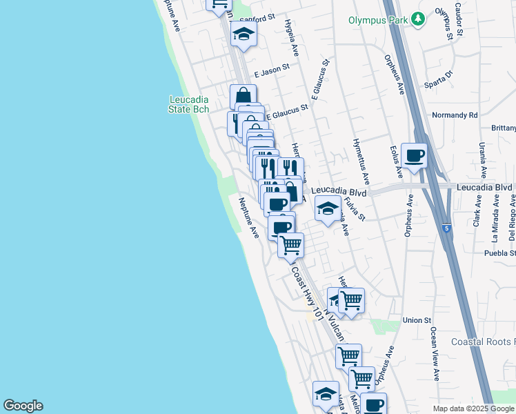 map of restaurants, bars, coffee shops, grocery stores, and more near 141 West Leucadia Boulevard in Encinitas