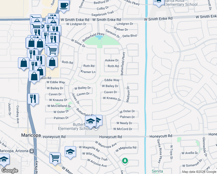 map of restaurants, bars, coffee shops, grocery stores, and more near 43599 Bailey Drive in Maricopa