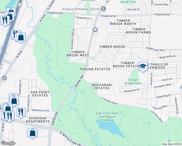 map of restaurants, bars, coffee shops, grocery stores, and more near 6632 Jupiter Road in Plano