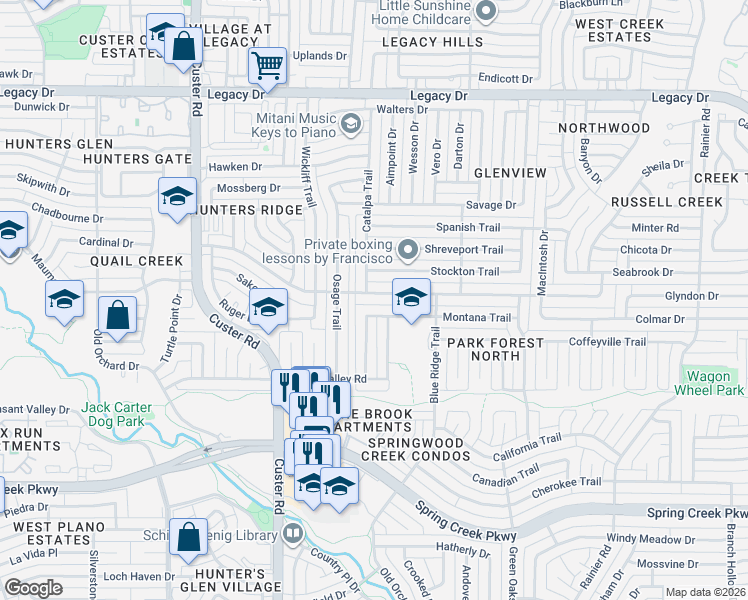 map of restaurants, bars, coffee shops, grocery stores, and more near 1841 Cumberland Trail in Plano