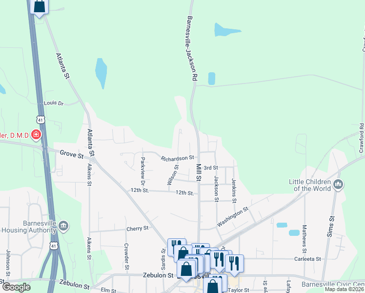 map of restaurants, bars, coffee shops, grocery stores, and more near 258 Wilson Street in Barnesville