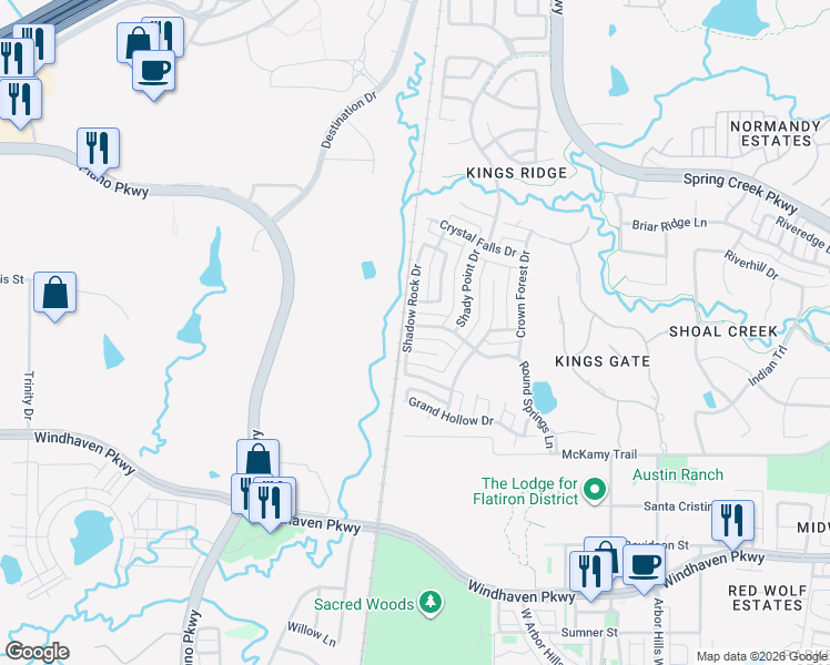 map of restaurants, bars, coffee shops, grocery stores, and more near 7109 Whisperfield Drive in Plano
