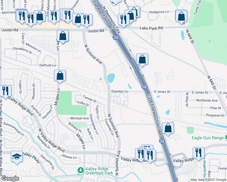 map of restaurants, bars, coffee shops, grocery stores, and more near 1145 Grandys Lane in Lewisville