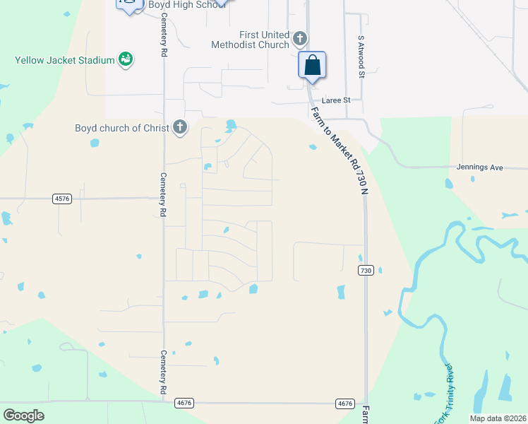 map of restaurants, bars, coffee shops, grocery stores, and more near Running River Drive in Boyd